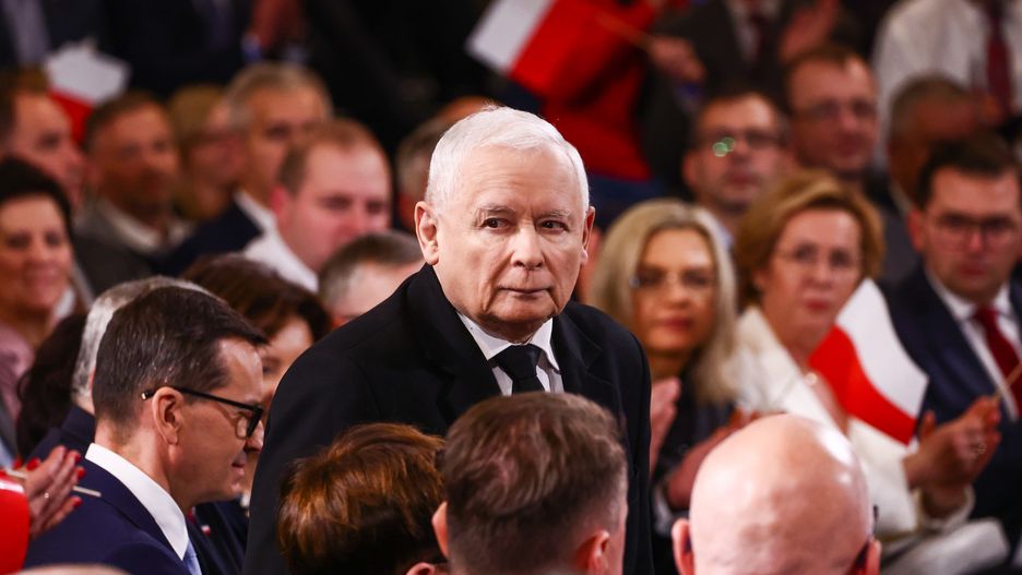 Jaroslaw Kaczynski, the leader of Law and Justice (PiS) party, arrives to give a speech on the 105th anniversary of Poland regaining independence. Krakow, Poland on November 11, 2023 (Photo by Beata Zawrzel/NurPhoto via Getty Images)