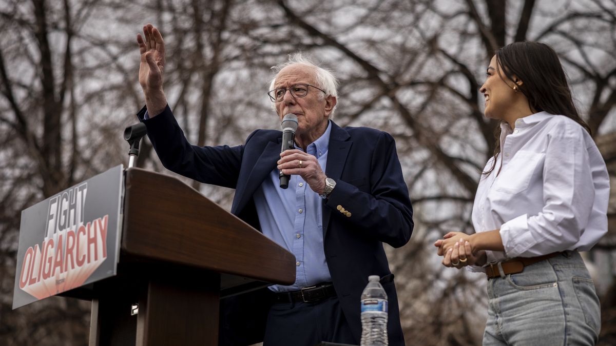 DENVER, COLORADO - MARCH 21: Senator Bernie Sanders (I-VT) speaks during a rally on March 21, 2025 at Civic Center Park in Denver, Colorado.  Sanders And Ocasio-Cortez are holding a series of rallies they are calling the "Fight Oligachy" tour and will include stops in Tucson and Tempe, Arizona. (Photo by Chet Strange/Getty Images)