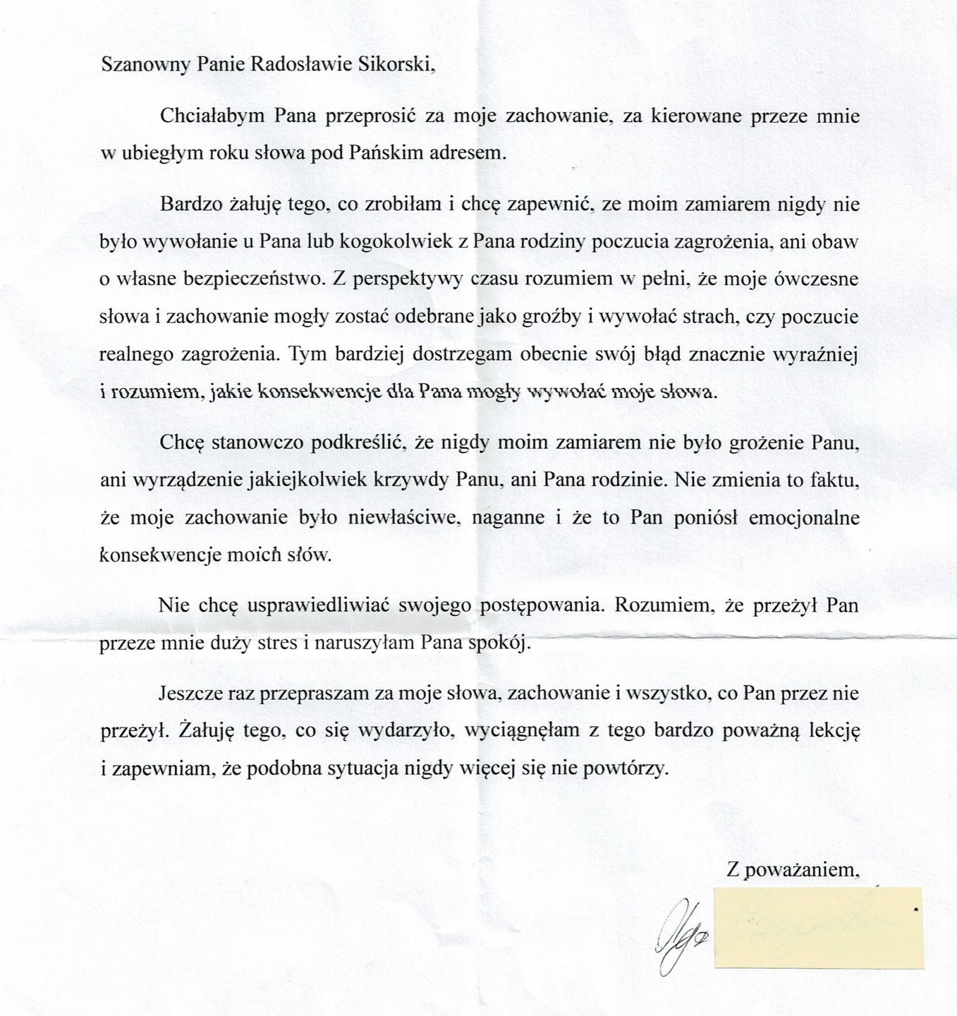 List opublikowany przez Radosława Sikorskiego