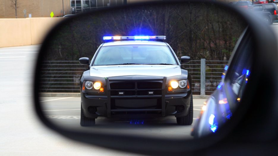 police, car, traffic, stop, rear, view, mirror, dui, blue, lights, speeding, ticket, defensive, driving, law, enforcement