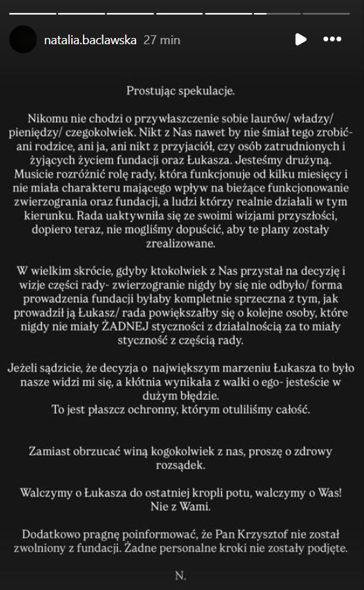 Oświadczenie Natalii Bacławskiej