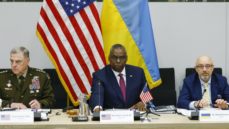 TemporaryFrom left, U.S. Chairman of the Joint Chiefs of Staff General Mark Milley, U.S. Defense Secretary Lloyd Austin and Ukraine's Defense Minister Oleksii Reznikov attend the Ukraine Defense Contact group meeting ahead of a NATO defense ministers' meeting at NATO headquarters in Brussels, Wednesday, June 15, 2022. NATO defense ministers, attending a two-day meeting starting Wednesday, will discuss beefing up weapons supplies to Ukraine, and Sweden and Finland's applications to join the transatlantic military alliance. (Yves Herman, Pool Photo via AP)Pool Reuters