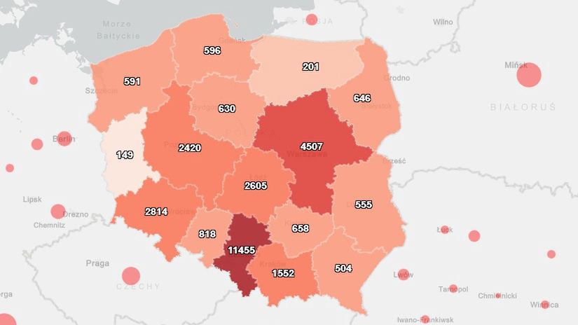 Mapa zakażeń koronawirusem w Polsce