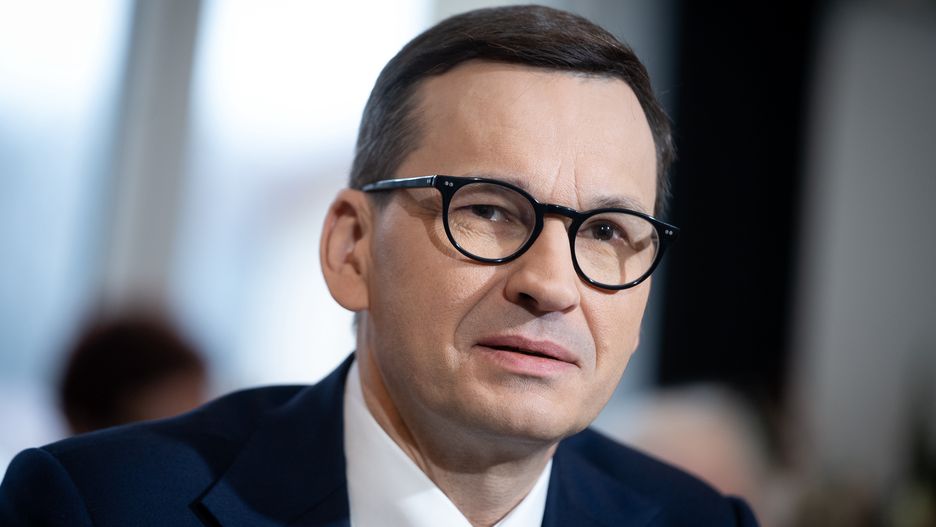 Polish Prime Minister Mateusz Morawiecki met with the seniors at Daily Retirement Home in Wola Karczewska, Poland on April 6,  2022 (Photo by Mateusz Wlodarczyk/NurPhoto via Getty Images)