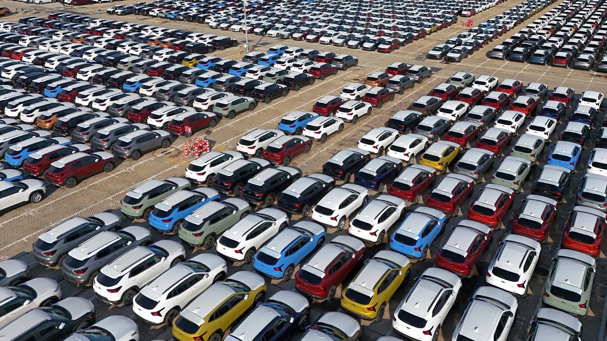 YANTAI, CHINA - NOVEMBER 13, 2023 - A large number of Chinese-made cars are gathered at Yantai Port to be loaded for export in Yantai City, Shandong Province, China, November 13, 2023. According to the data released by the China Association of Automobile Manufacturers on November 10, 2023, 444,000 and 488,000 vehicles were exported in September and October 2023, respectively. (Photo credit should read CFOTO/Future Publishing via Getty Images)