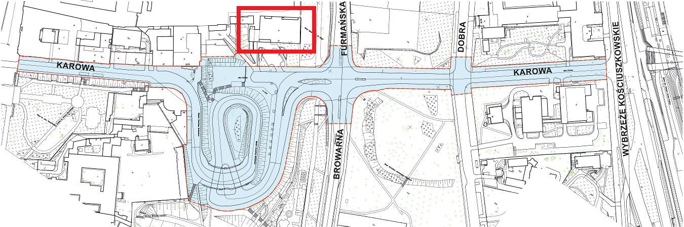 Na niebiesko zakres opracowania konkursowego, dotyczącego przebudowy ul. Karowej. W czerwonej ramce budynek BBN