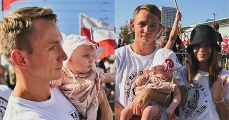 Jakub i Paulina Rzeźniczakowie zabrali 5-miesięczną córkę na Marsz Powstania Warszawskiego. Fanka: "Nie bała się?". Jest odpowiedź