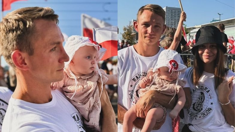 Jakub i Paulina Rzeźniczakowie zabrali 5-miesięczną córkę na Marsz Powstania Warszawskiego. Fanka: "Nie bała się?". Jest odpowiedź