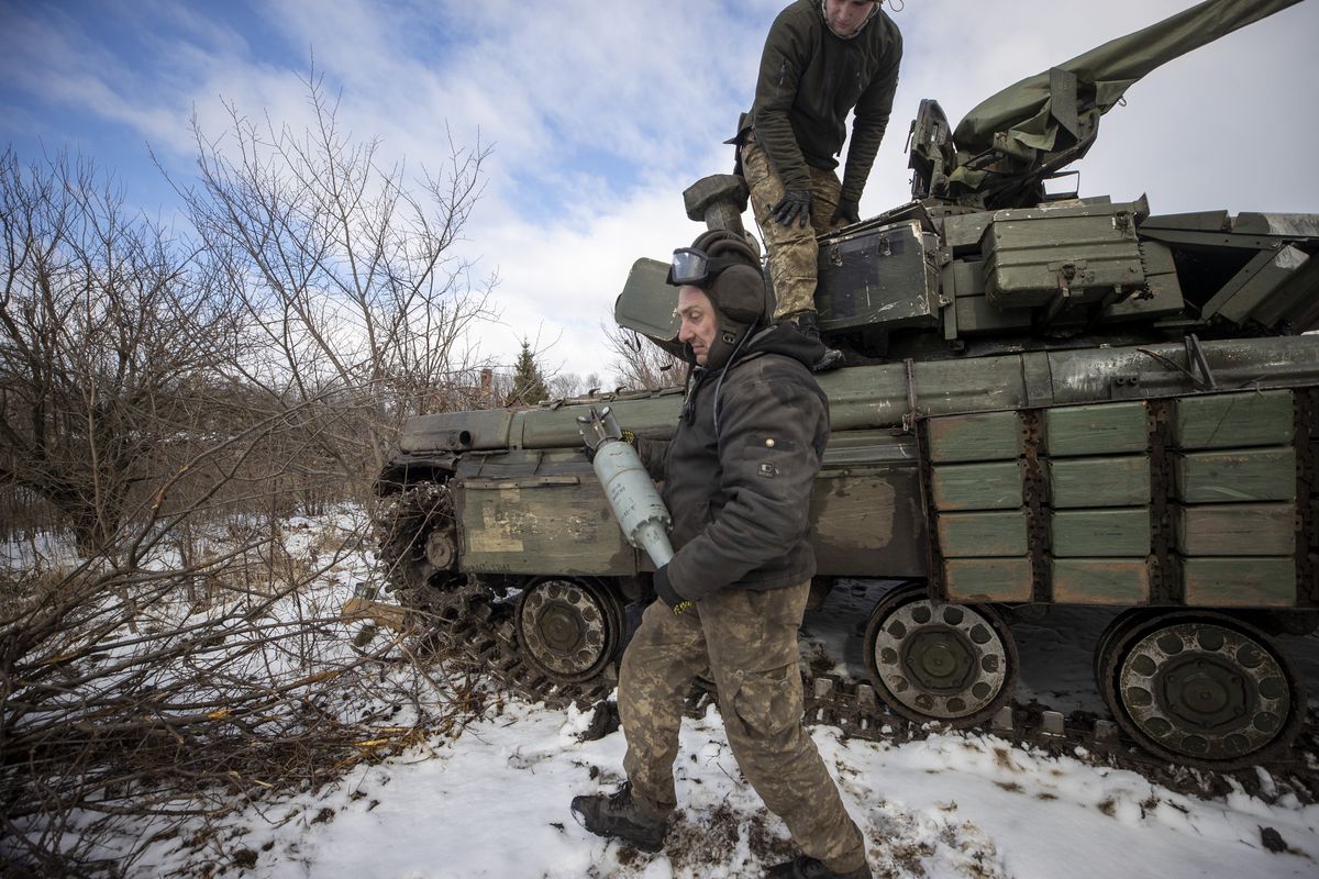 Military mobility continues on the Donetsk frontline in Ukraine
DONETSK OBLAST, UKRAINE - FEBRUARY 14: Ukrainian soldiers load ammunition to tanks on the frontline near the towns of Vuhledar and Marinka as Russian-Ukrainian war continues in Donetsk Oblast, Ukraine on February 14, 2023. (Photo by Mustafa Ciftci/Anadolu Agency via Getty Images)
Anadolu Agency
mobility, oblast, tank