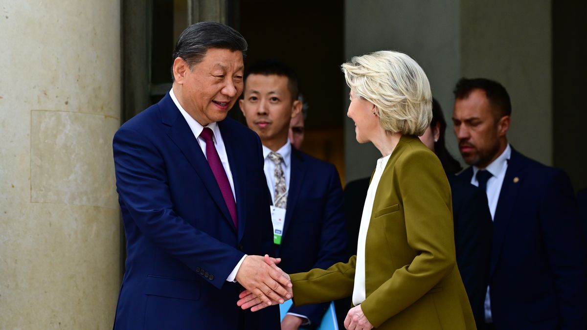 PARIS, FRANCE - MAY 6: European Commission President Ursula von der Leyen shakes hands with with Chinese President, Xi Jinping after holding a trilateral meeting including French President Emmanuel Macron as part of the Chinese president's two-day state visit at Elysee Palace on May 6 2024 in Paris, France. Chinese President Xi Jinping is attending a bilateral meeting with Macron, followed by participation in a China-France economic forum and a State Dinner. After his visit to Paris, President Xi will stop in Serbia and Hungary. (Photo by Christian Liewig - Corbis/Corbis via Getty Images)