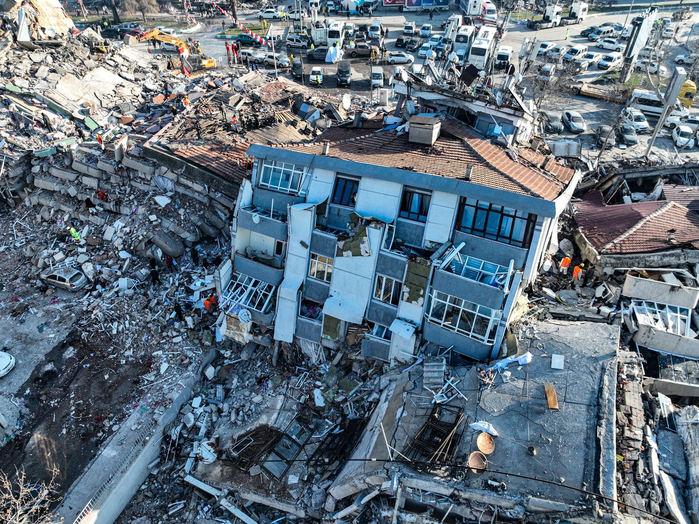 MARAS, TURKEY- FEBRUARY 8: An aerial view of Maras on February 8, 2023 in Maras, Turkey.  A 7.8-magnitude earthquake hit near Gaziantep, Turkey, in the early hours of Monday, followed by another 7.5-magnitude tremor just after midday. The quakes caused widespread destruction in southern Turkey and northern Syria and were felt in nearby countries. (Photo by Ahmet Akpolat / dia images via Getty Images)