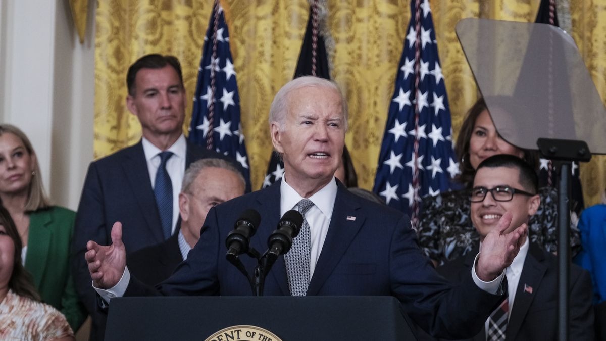 WASHINGTON, US- JUNE 18:U.S. President Joe Biden delivers remarks during an event for the 12th anniversary of the Deferred Action for Childhood Arrivals in the East Room of The White House on June 18, 2024 in Washington, DC. In 2012, then President Obama and Vice President Joe Biden announced the Deferred Action for Childhood Arrivals program to allow young undocumented immigrants the authorization to live and work throughout the United States. DACA has provided more than 800,000 recipients with the ability to work lawfully, pursue an education, and contribute to their communities. (Photo by Michael A. McCoy for The Washington Post via Getty Images)
