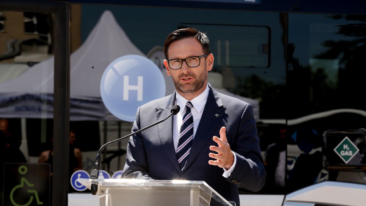 CEO of PKN Orlen, Daniel Obajtek attends press conference as Poland introduces its first hydrogen bus - Urbino 12 Hydrogen into public transport at the press conference in Krakow, Poland on June 24, 2022. First hydrogen fuelled bus will join Krakow fleet on a regular bus line. The bus is tanked by a mobile station with technology provided by Orlen .  If the initial car will proof efficient, Krakow will build a new hydrogen coach station with a possibility to charge hundreds of busses. (Photo by Dominika Zarzycka/NurPhoto via Getty Images)