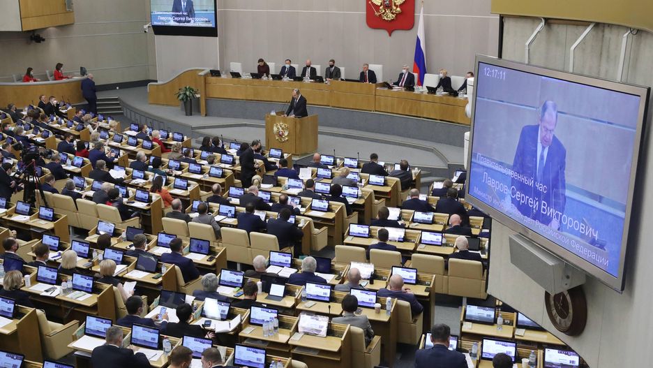 Plenary meeting of Russian State DumaMOSCOW, RUSSIA - JANUARY 26, 2022: Russia's Foreign Minister Sergei Lavrov (C) addresses a plenary meeting of the Russian State Duma. Sergei Fadeichev/TASS 
Dostawca: PAP/TASSSergei Fadeichevforeign affairs, legislature, lower house