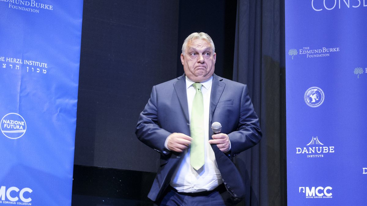 BRUSSELS, BELGIUM - APRIL 17: Hungarian Prime Minister Viktor Mihaly Orban talks to assembly during a discussion on Day 2 of The National Conservatism Conference at the Claridge on April 17, 2024 in Brussels, Belgium. (Photo by Thierry Monasse/Getty Images)