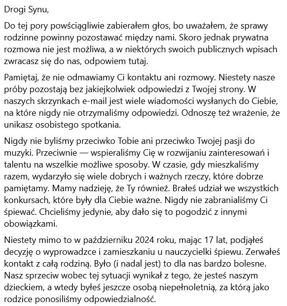 Oświadczenie rodziców Damiana z "Must Be The Music"