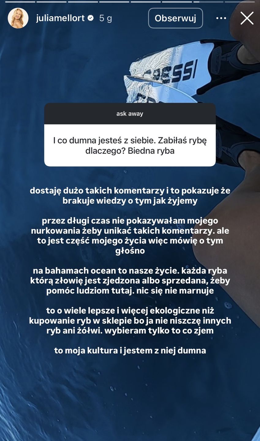 Julia Tychoniewicz tłumaczy się z zabijania ryb