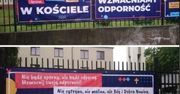 Koronawirus. Katowice. Kontrowersyjne banery na płocie kościoła