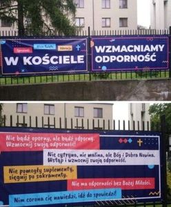 Koronawirus. Katowice. Kontrowersyjne banery na płocie kościoła