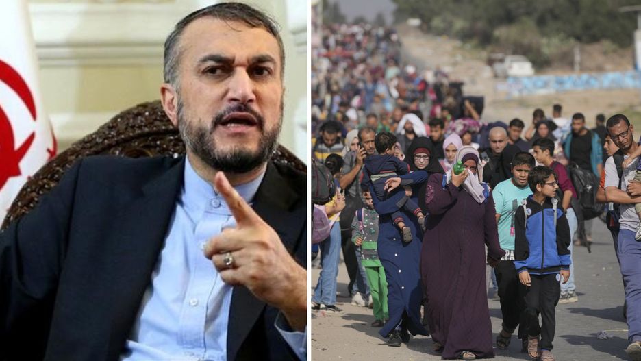 Po prawej: Hosejn Amir Abdollahian. Po lewej: exodus Palestyńczyków z północnej części Strefy Gazy