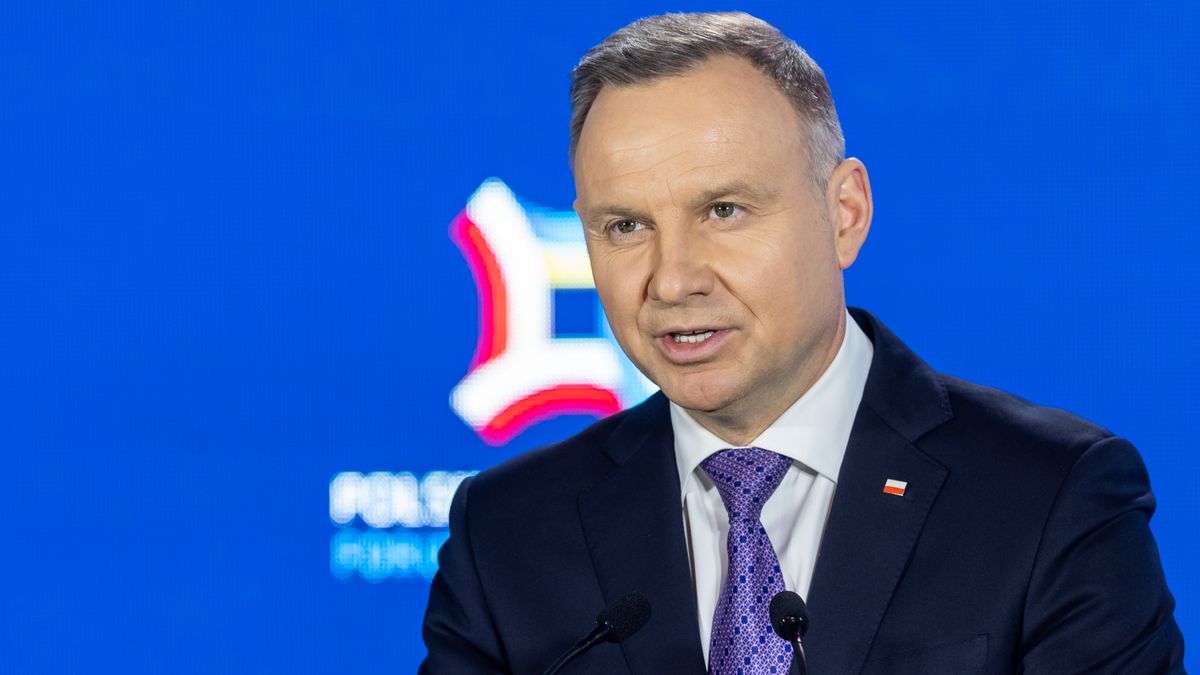 Andrzej Duda during first official visit of the Ukrainian presidential couple to Poland since Russia's invasion of Ukraine, business forum, in Warsaw, Poland on April 05, 2023. (Photo by Foto Olimpik/NurPhoto via Getty Images)