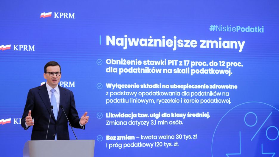 Warszawa, 24.03.2022. Premier Mateusz Morawiecki podczas konferencji prasowej, 24 bm. w KPRM w Warszawie. Spotkanie dotyczyło zmian w podatkach. (mr) PAP/Paweł Supernak