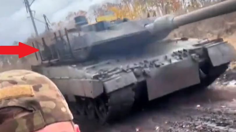 Ukraiński Leopard 2A6 wzmocniony pancerzem prętowym.