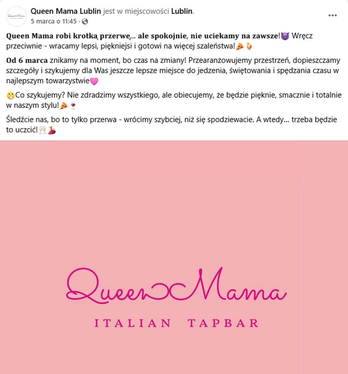 Informacja o zamknięciu do odwołania restauracji Queen Mama na Facebooku