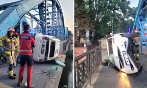Chwile grozy we Wrocławiu. Taksówka zawisła nad Odrą