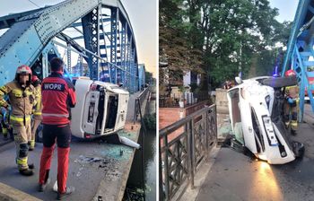 Chwile grozy we Wrocławiu. Taksówka zawisła nad Odrą