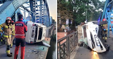 Chwile grozy we Wrocławiu. Taksówka zawisła nad Odrą