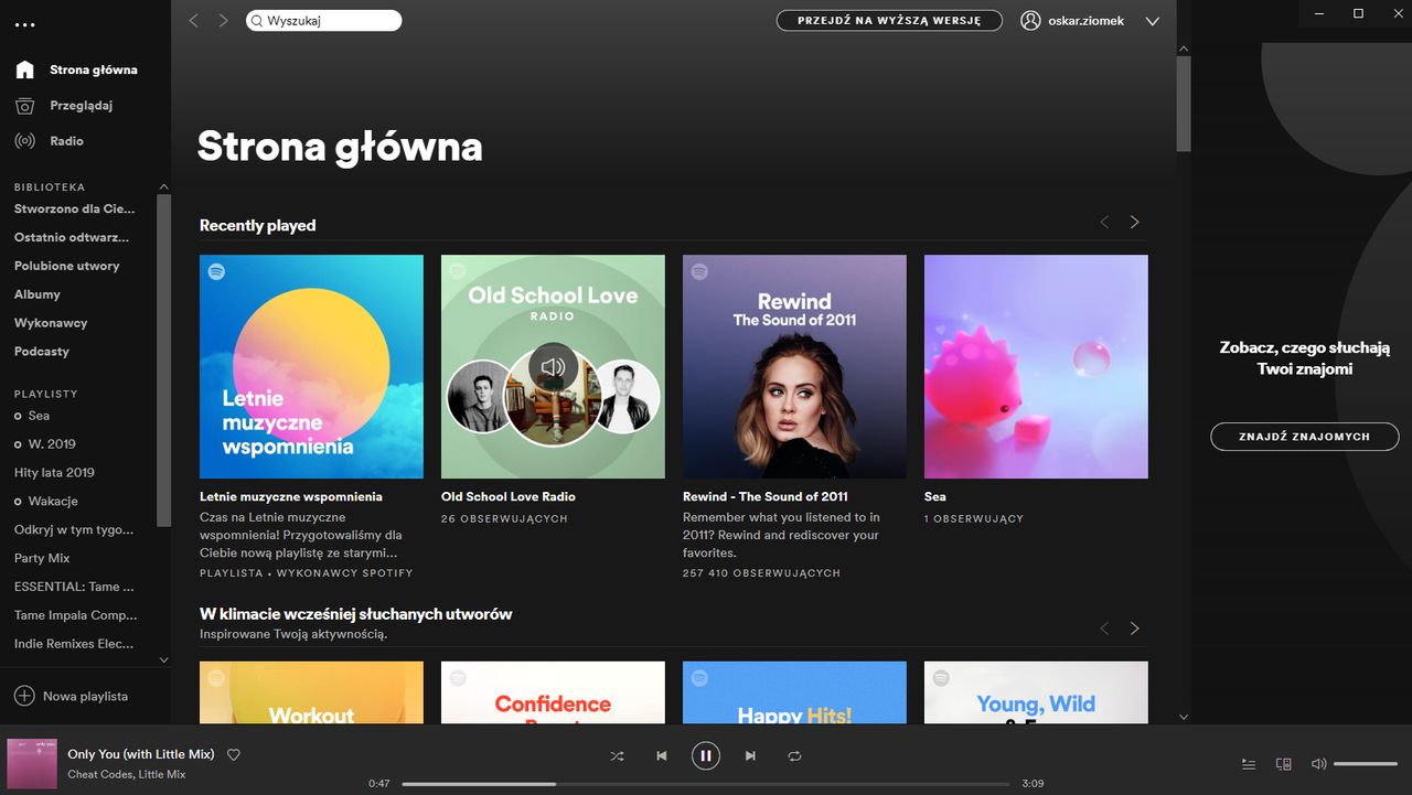 Aplikacja Spotify w systemie Windows 10.