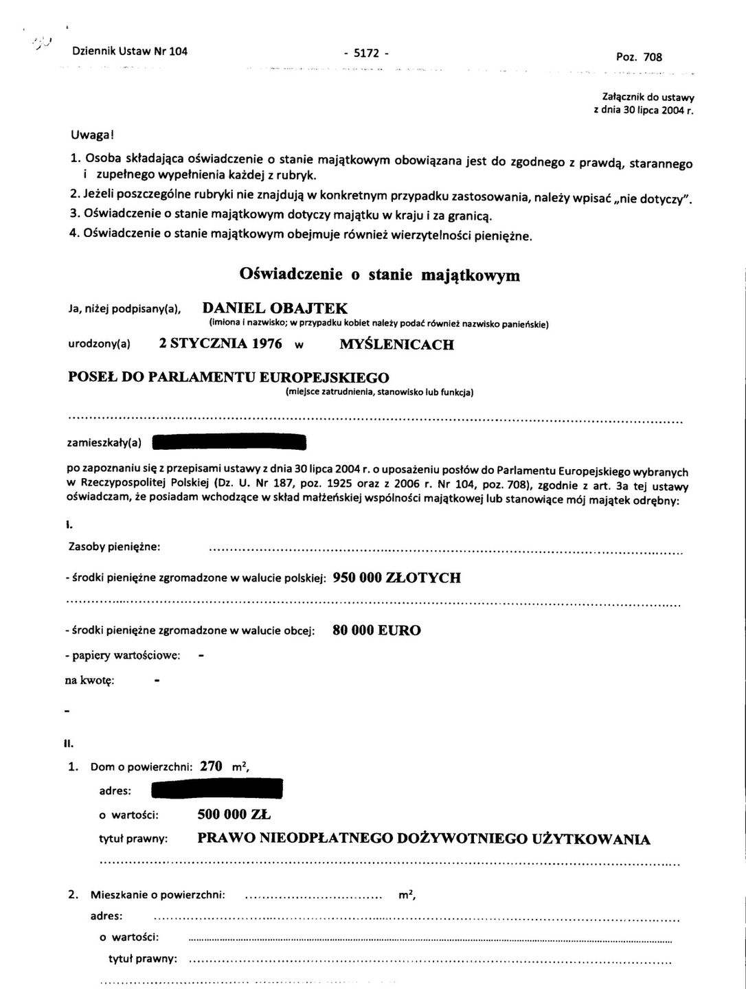 Oświadczenie majątkowe Daniela Obajtka 