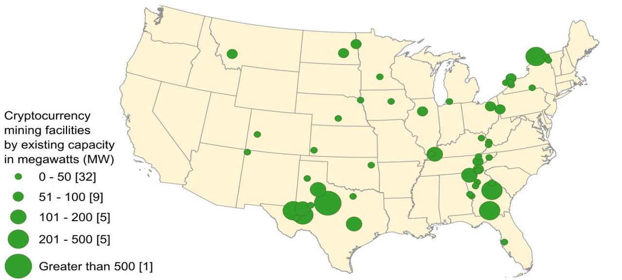 Cryptocurrency mines located in the USA. Most of them are in Texas, Georgia, and New York.