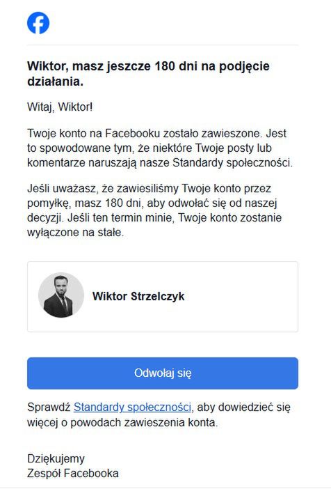Komunikat z Facebooka do Wiktora Strzelczyka 
