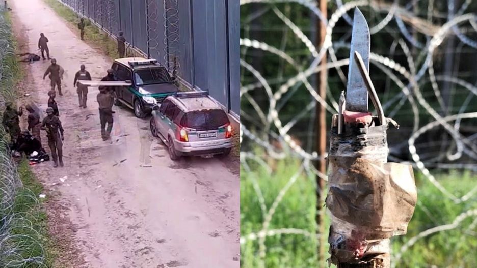 Granica z Białorusią. Polski żołnierz został ranny. Na fot. akcja opatrywania  ofiary, na zdjęciu obok dzida