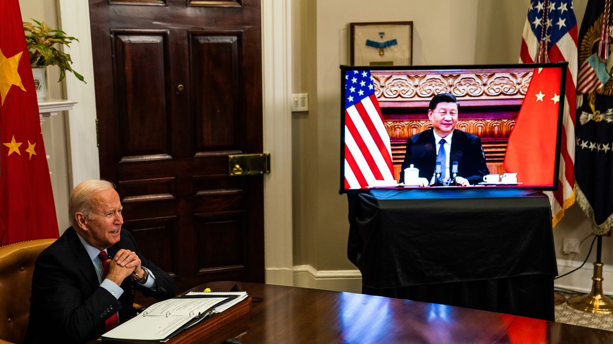 WASHINGTON, DC  November 15, 2021:

US President Joe Biden speaks with the President of the People's Republic of China Xi Jinping virtually in the Roosevelt Room at the White House on November 15, 2021. Joining the President in the meeting was: Secretary of State Antony Blinken,  Secretary of the Treasury Janet Yellen, National Security Advisor Jake Sullivan, Deputy Assistant to the President & Coordinator for the Indo-Pacific Dr. Kurt Campbell, Special Assistant to the President & Senior Director for China Ms. Laura Rosenberger and Director for China Mr. Jon Czin.

(Photo by Demetrius Freeman/The Washington Post via Getty Images)