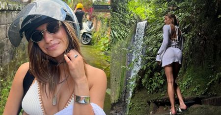 Odziana w kuse wdzianko Julia Wieniawa pozuje na tle "secret" wodospadu