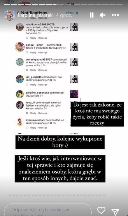 Karolina Pisarek pokazuje negatywne komentarze "botów"