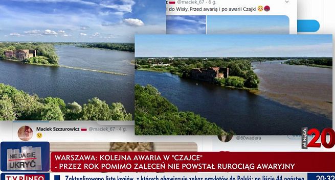 W TVP Info stare zdjęcie naturalnego zjawiska w Wiśle pokazano jako ilustrację skutków awarii oczyszczalni Czajka