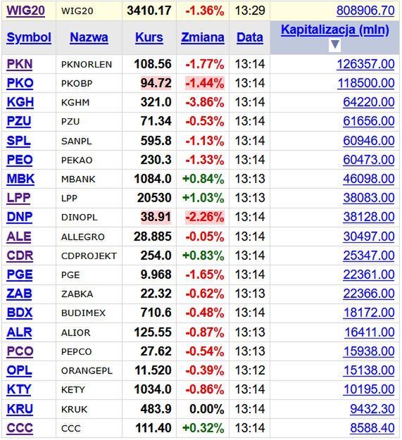 Spółki z WIG20 pod względem kapitalizacji