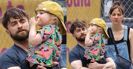 Zarośnięty Daniel Radcliffe na spacerze z synkiem i partnerką. 35-latek nie przypomina już Harry'ego Pottera...