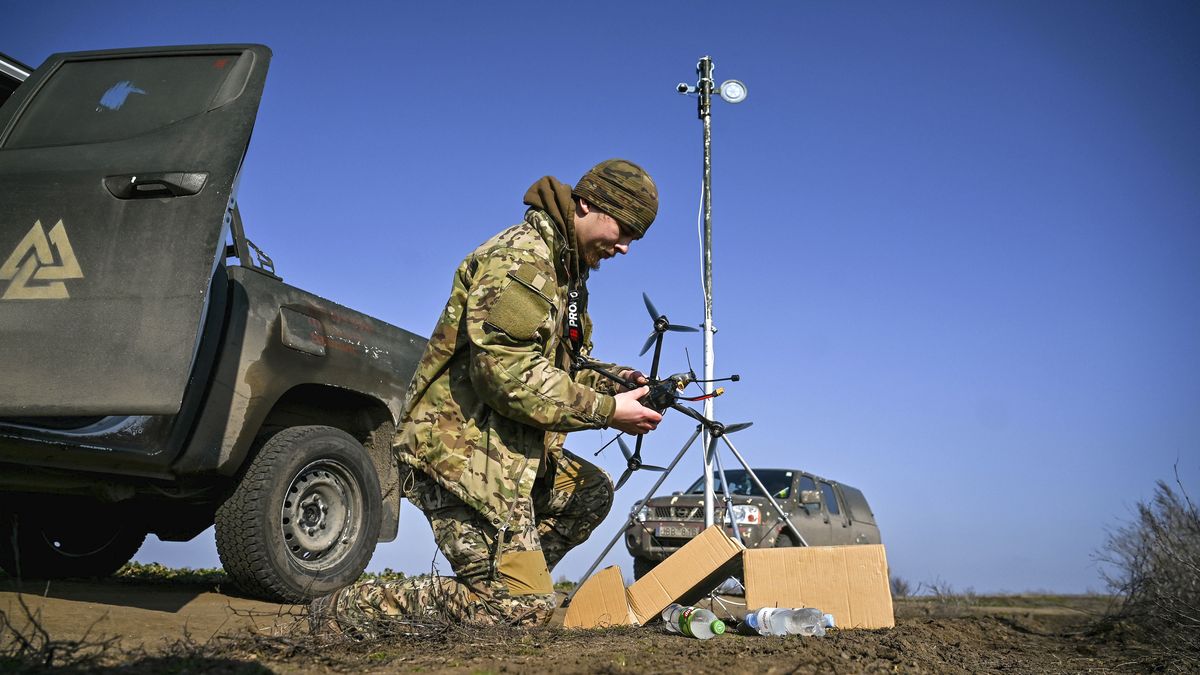 ZAPORIZHZHIA REGION, UKRAINE - MARCH 08, 2024 - A simulated training ground set up by the aerial reconnaissance platoon of the 116th Separate Mechanized Brigade for training in the operation of reusable bomber drones, Zaporizhzhia, south-eastern Ukraine.  (Photo credit should read Dmytro Smolienko / Ukrinform/Future Publishing via Getty Images)