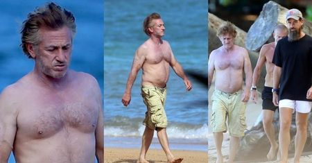 60-letni Sean Penn i jego nagi tors spacerują po hawajskiej plaży w towarzystwie szefa Twittera (ZDJĘCIA)