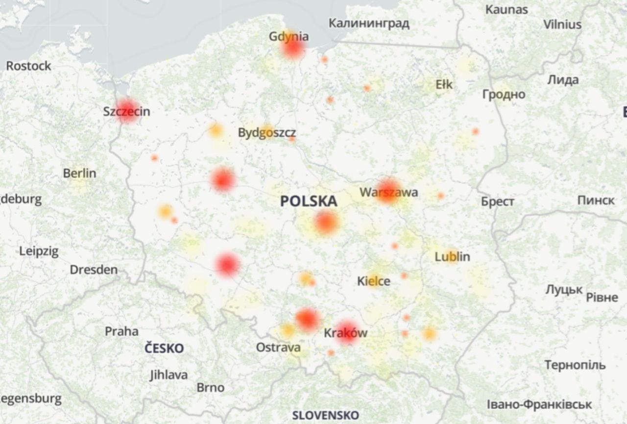 Mapa zgłoszeń awarii usług banku Pekao