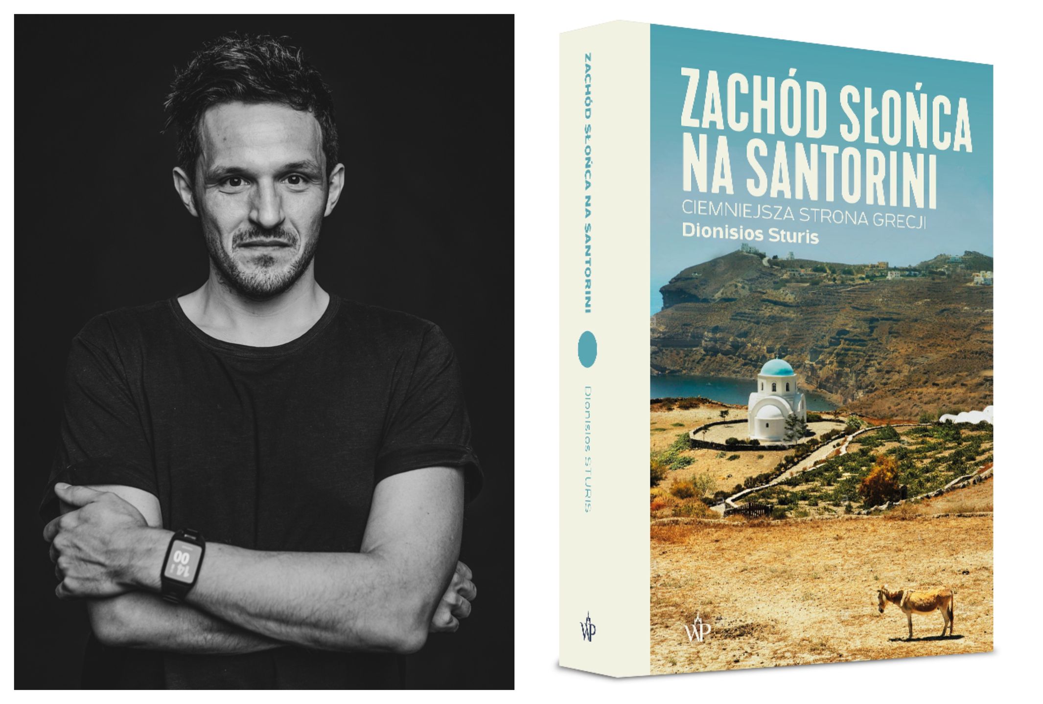 Reporter Dionisios Sturis i okładka jego książki "Zachód Słońca na Santorini"