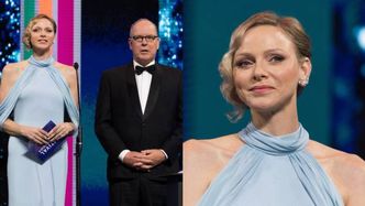Posągowa Charlene w błękitnej sukni posyła nieśmiałe uśmiechy na gali. Towarzyszył jej książę Albert