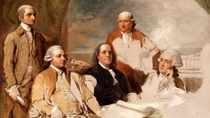 Amerykańska delegacja negocjująca pokój z Brytyjczykami w 1783 roku. Pierwsi dwaj od lewej: John Jay i John Adams.