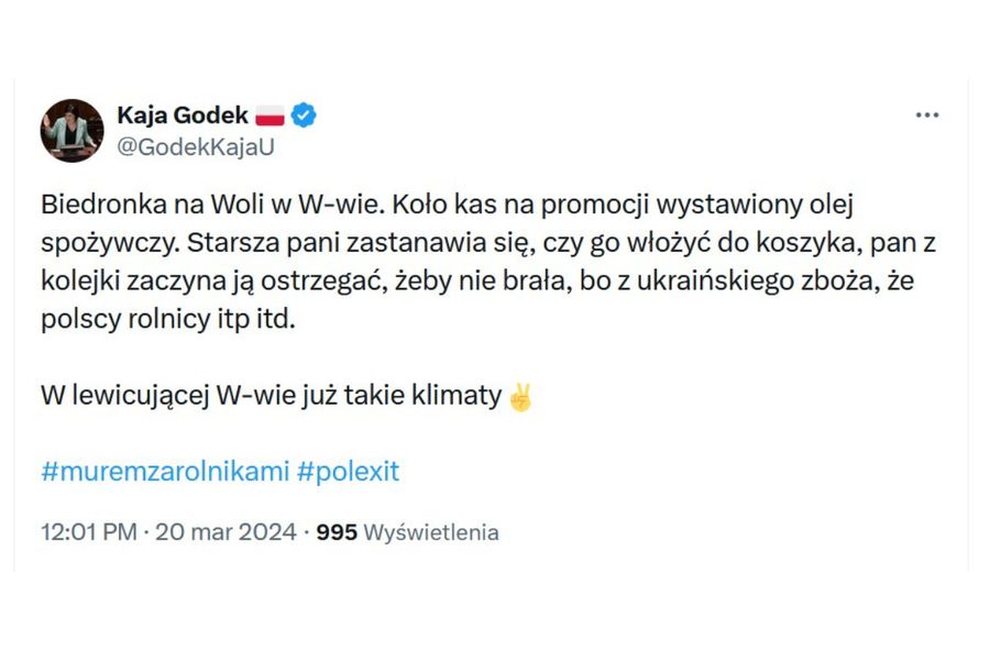 Kaja Godek grzmi na X o ukraińskim zbożu i lewicującej Warszawie