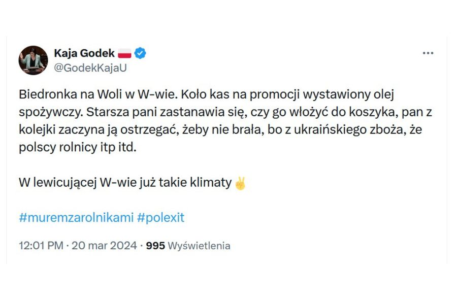 Kaja Godek grzmi na X o ukraińskim zbożu i lewicującej Warszawie